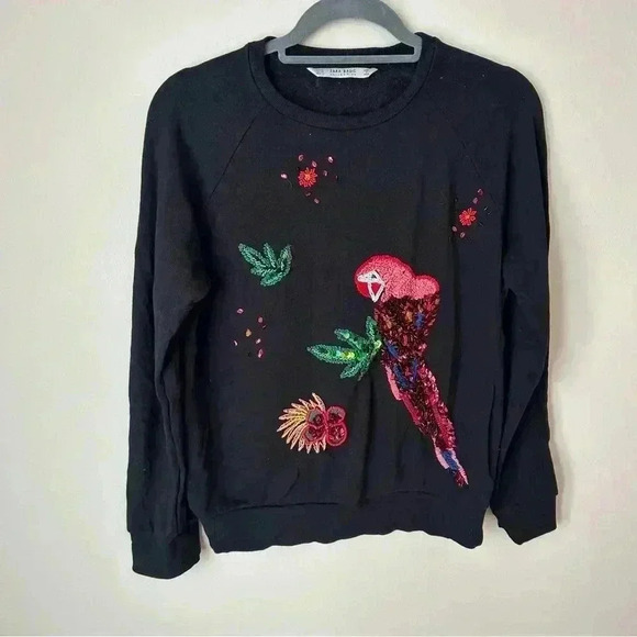 Zara Embroidered Parrot Sequin Festive Holiday Black Sweater Women’s Size XS - Picture 2 of 6